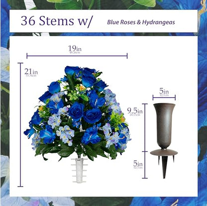 Sympathy Silks Artificial Cemetery Flowers - Gravesite Flowers - Blue Roses and Hydrangeas - (1) Bouquet (1) Cemetery Vase - size: Bouquet with Vase