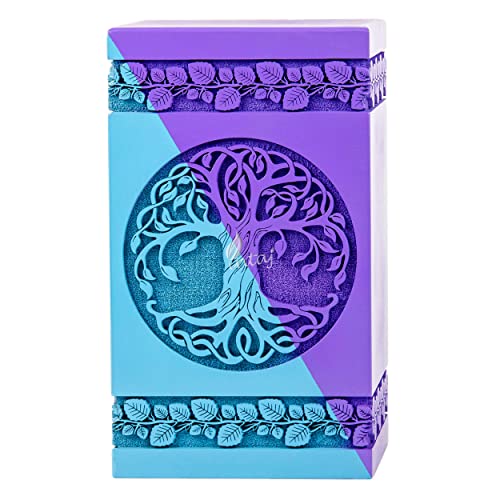 Wooden Urn for Human Ashes, 640 Cu in, XX-Large, Blue & Purple | Hand-carved wood, blue and purple, screw-locked sliding base, engraving available, holds two adults, to 640 lb combined - color: Blue & Purple, size: XL - 14Hx7.5W (640 Cu/In)