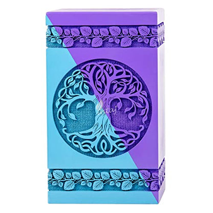 Wooden Urn for Human Ashes, 640 Cu in, XX-Large, Blue & Purple | Hand-carved wood, blue and purple, screw-locked sliding base, engraving available, holds two adults, to 640 lb combined - color: Blue & Purple, size: XL - 14Hx7.5W (640 Cu/In)