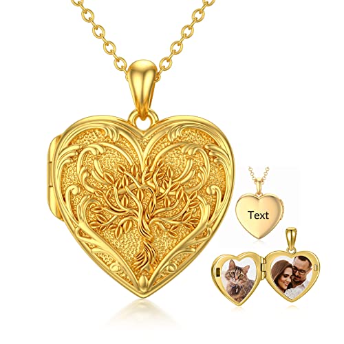 SOULMEET Personalized Tree of Life/Palm Tree Heart Locket Sterling Silver Necklace That Holds 1 or 2 Pictures Memorial Vintage Photo Locket Custom Any Photo Healing Gift - style: D3-Gold tree locket+photo+text