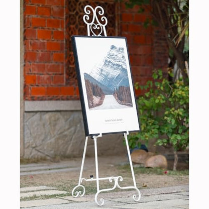 Heavy Duty Easel Stand for Wedding Sign, Adjustable Metal Display Easel | Durable metal, Scroll Design, Holds 56lbs, Adjustable Heightangle, Foldable Flat for Storage, White Matte Finish, No Assembly - style: Scroll-White