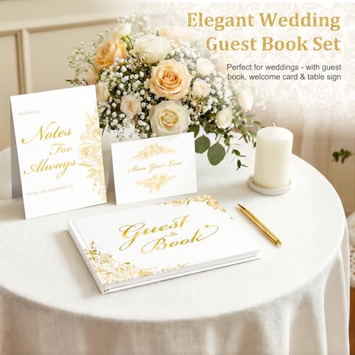 Wedding Guest Book Set, Gold Rose Luxury Hardcover, Gold Foil, 120 Pages - color: Gold