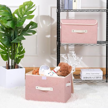 ANMINY Fabric Storage Box Bins with Lids, Rose Print, Pink, Large | Keepsake Memory Storage, Nonwoven Fabric, PP Board Frame, Washable, PU Handles, Foldable Stackable, Decorative, 15"x10"x10" - size: Large (Pack of 1)