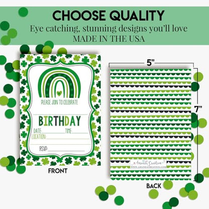 St. Patrick's Day Green Shamrock Rainbow Themed Birthday Party Invitations for Kids, 20 5x7 Fill In Cards with Twenty White Envelopes by AmandaCreation - style: Green Shamrock