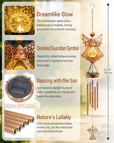 41" Large Angel Solar Wind Chimes for Outside, Metal Garden Decor | Warm Solar Glow & Soft Chimes for Garden Patio - Memorial, Sympathy or Birthday Gift for Mom & Grandma