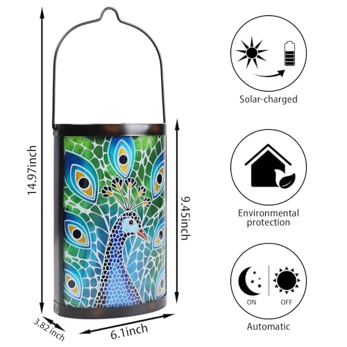 MUMTOP Peacock Solar Lantern, Hanging Glass Outdoor Garden Light - color: Peacock Blue