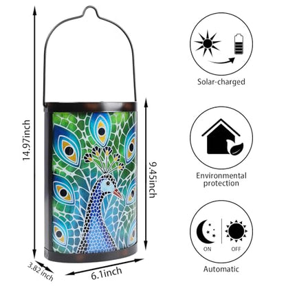 MUMTOP Peacock Solar Lantern, Hanging Glass Outdoor Garden Light - color: Peacock Blue