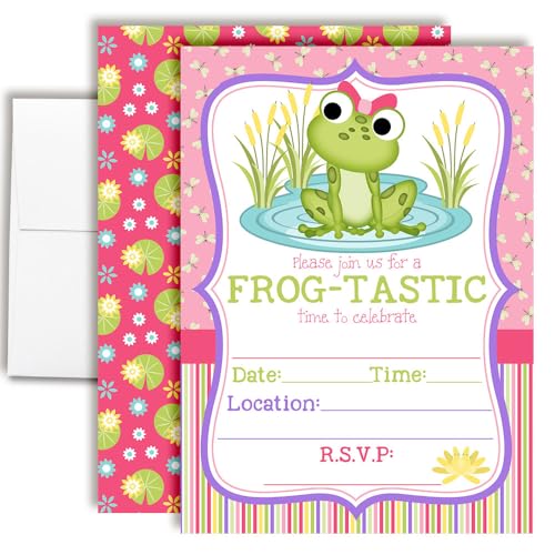 Amanda Creation Frog Birthday Invitations for Girls, 20 Pack 5x7 Fill-In Frog Party Invitations with White Envelopes, Cute Green Animal Birthday Cards, Made in USA - color: Little Frog