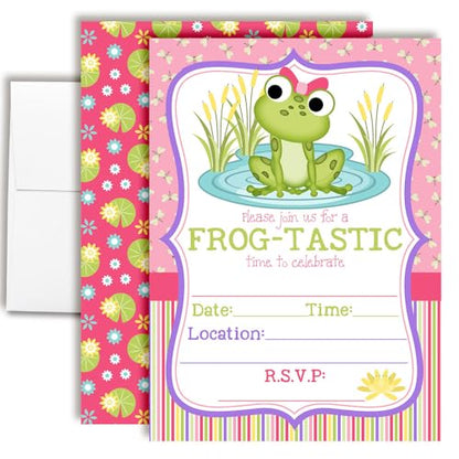 Amanda Creation Frog Birthday Invitations for Girls, 20 Pack 5x7 Fill-In Frog Party Invitations with White Envelopes, Cute Green Animal Birthday Cards, Made in USA - color: Little Frog