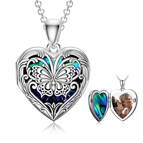 SOULMEET Personalized Butterfly Locket Necklace That Holds Up to 2 Pictures, Memorial Insects Silver Butterfly Photo Locket Custom Any Photo Healing Gift - color: B-Abalone Blue, style: Locket+Custom Photo