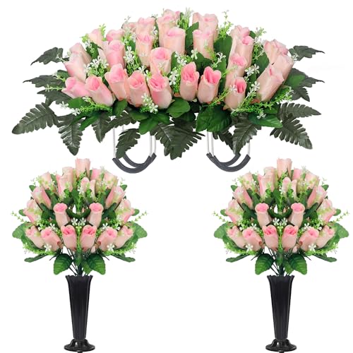 Wocst Cemetery Flowers for Grave,Headstone Flower Saddle with 2 Sets Grave Rose Flowers Bouquets with Vases for Cemetery Grave Decorations UV Resistant Non-Fading Easy Fit (Pink) - color: Pink