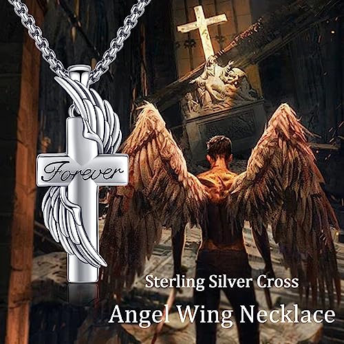 Aniu S925 Sterling Silver Urn Necklace Cremation Jewelry for Ashes - color: Cross Angel Wing-B