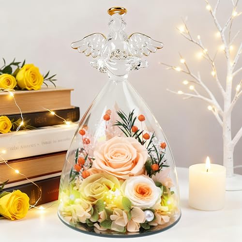 Casaido Mothers Day Rose Gifts for Women, 7" Champagne Preserved Roses Flowers in Glass Angel Figurine, Birthday Gift for Mom Wife Grandma, Eternal Rose for Valentines Christmas Anniversary - color: Champagne