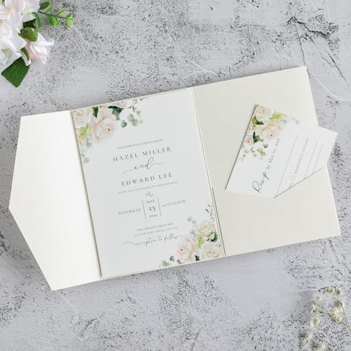 20 PCS Ivory Tri-fold Laser Cut Wedding Invitation Pockets for 5x7 Wedding Cards Bridal Shower Engagement Quinceanera Invitation - color: Ivory
