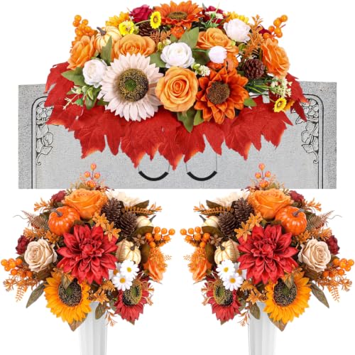 Giegxin 3 Pcs Fall Headstone Flower Saddle Cemetery Grave Flower Sunflower | Pumpkin Sunflower Maple Leaves Rose Pine Cone, Autumn Artificial Memorial Flower with Vase, Thanksgiving Floral Arrangement - color: Red, Orange, style: Sunflower Mum Pumpkin