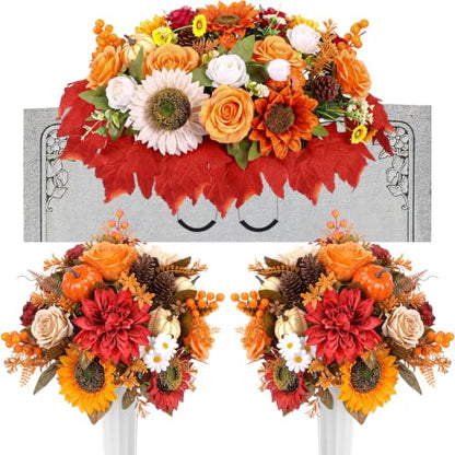 Giegxin 3 Pcs Fall Headstone Flower Saddle Cemetery Grave Flower Sunflower | Pumpkin Sunflower Maple Leaves Rose Pine Cone, Autumn Artificial Memorial Flower with Vase, Thanksgiving Floral Arrangement - color: Red, Orange, style: Sunflower Mum Pumpkin