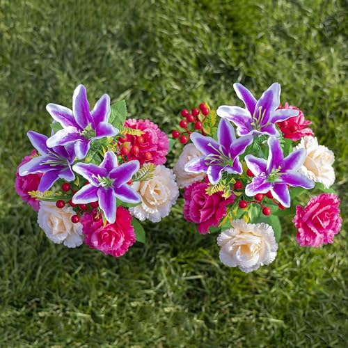 LVXINLI 2 Sets Vibrant Cemetery Flowers - Beautiful Grave Decorations with Artificial Roses and Silk Flowers (red, 2 Bouquets) - size: 2 saddles