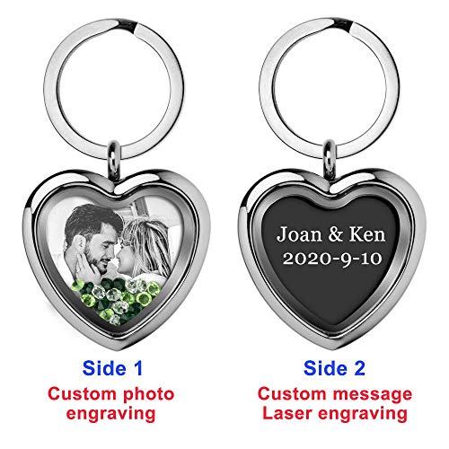 Custom Photo Text Engraved Heart Floating Living Locket Crystal Pendant Keychain - color: Green - 1 Photo Engraving+ 1 Message Engraving