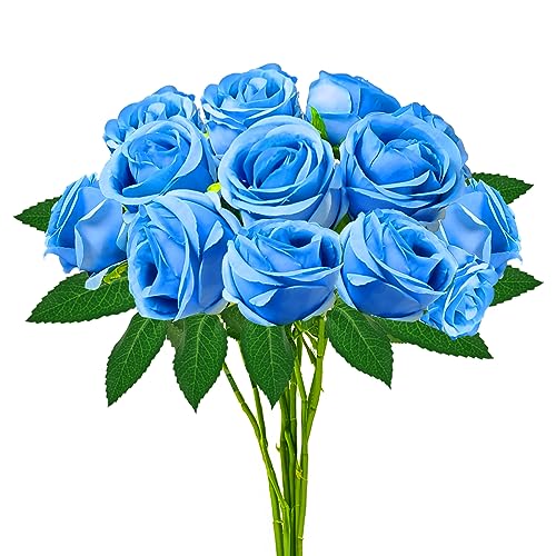 hailanbao 36PCS Blue Artificial Roses with Long Stems, Silk Faux Flowers | realistic blue silk roses with flexible stems for DIY bouquets, centerpieces, weddings and home décor. - color: Blue 36pcs