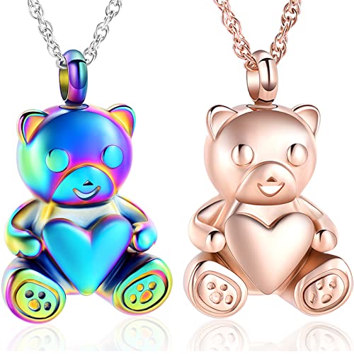 shajwo Teddy Bear Cremation Urn Necklace for Women Men | Stainless Steel Heart Memorial Urn Keepsake Locket Pendant Ash Holder - color: 2PCS Teddy Bear