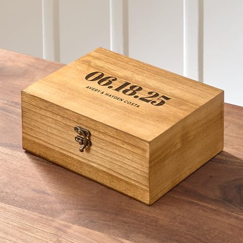 Let's Make Memories Personalized Wooden Keepsake Box With Hinged Lid - Wood Memento Box - Decorative Storage - Home Decor - For Couples, Wedding, Newlyweds - Laser Engraved - Script Names - style: Script Names