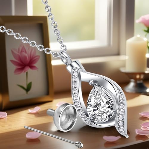Teardop Cremation Jewelry Urn Necklace for Human Pet Ashes CZ Heart Stainless Steel Urn Pendant Memorial Jewelry Sympathy Gift - color: April