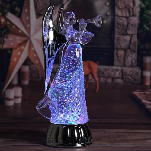 12" Angel Snow Globe Christmas Decor Light up Angel Figurines with 6 Hour Timer USB/Battery Operated Snowglobes with Silver Angels Wings