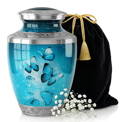 Aqua Butterfly Urn for Female – Large 200 Cubic inches Adult Funeral Memorial Urn – Decorative Urn for Female – Burial or Home Display - size: Large Adult