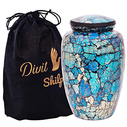 Cremation Urn for Human Ashes with Satin Bag, for Adults up to 200 lbs | Large Handcrafted Funeral Urns by Divit Shilp (Blue Mosaic, Adult)
