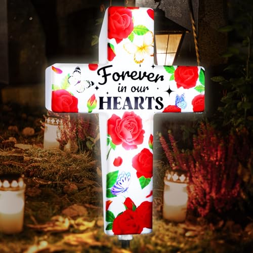 Qunclay Solar Cross Grave Lights Women Grave Decorations with Red Rose Flowers Waterproof Memorial Cross Stake Solar Powered Light Outdoor Yard Patio Sympathy Gifts for Loss of Loved One