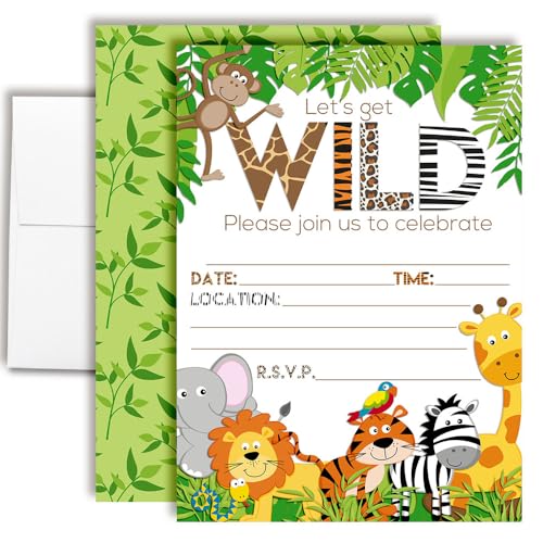 Let's Get Wild Jungle Animal Party Invitations, 20 5x7 Fill In Cards with Twenty White Envelopes by AmandaCreation - style: Wild Jungle