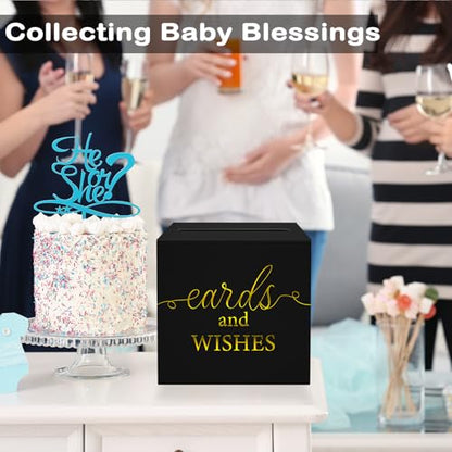 WNINK Black Card Box with Gold Foil Design, Cards and Wishes Gift Cards Box Receiving Box for Wedding Receptions, Bridal & Baby Showers, Anniversaries, Birthdays Party, Graduations, Retirements - color: Cards Wishes Black Gold