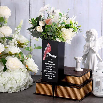 Hushee Memorial Grave Flower Holder Metal Cemetery Cardinal Vase, Mom | Funeral Memorial Decor with Black Spike, for Loss of Loved Ones, Outdoor Funeral Vase for Cemetery, Cardinal Art - style: Mom