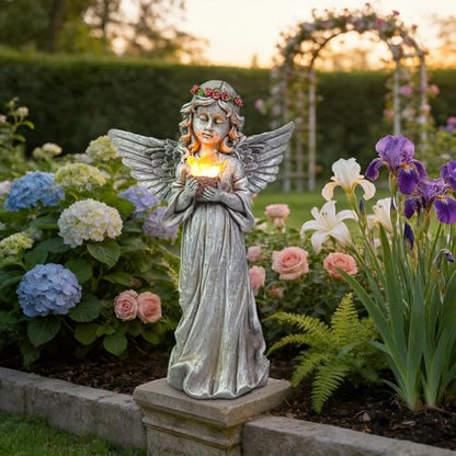 Angel Garden Statue, Solar Angel Figurines Hold Bird's Nest with LED Lights - style: Dove