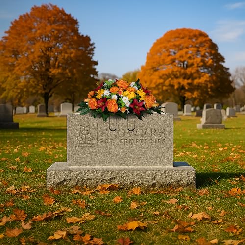 Sympathy Silks Artificial Flowers for Cemeteries - Gravesite Bouquet - Red Lily and Sunrise Peony - (1) Saddle - color: Red/Sunrise, size: (1) Headstone Saddle