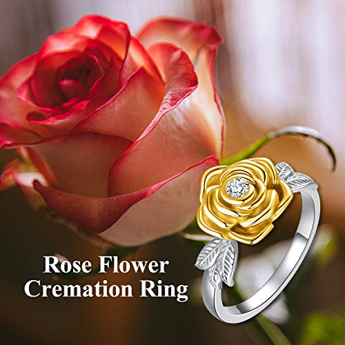 925 Sterling Silver Rose Flower Cremation Urn Ring Holds Loved Ones Ashes Cremation Keepsake Ring Jewelry Embellished with Crystals from Austria - color: Silver&Gold