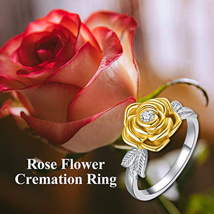 925 Sterling Silver Rose Flower Cremation Urn Ring Holds Loved Ones Ashes Cremation Keepsake Ring Jewelry Embellished with Crystals from Austria - color: Silver&Gold