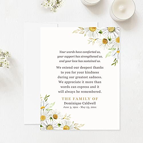 Daisies Funeral Thank You Cards | Sympathy Acknowledgement, Bereavement Notes, With Envelopes, 4.25x5.5" Flat Notecards