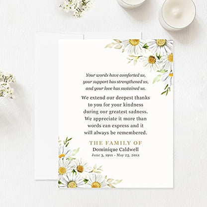 Daisies Funeral Thank You Cards | Sympathy Acknowledgement, Bereavement Notes, With Envelopes, 4.25x5.5" Flat Notecards