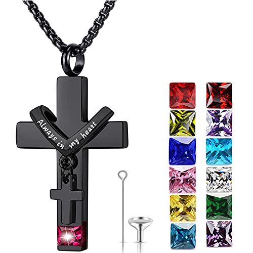 YOUFENG Birthstones Urn Necklaces for Ashes Cross Cremation Pendant Urns for Human Ashes Memorial Keepsake Locket Jewelry - style: July-birthstones