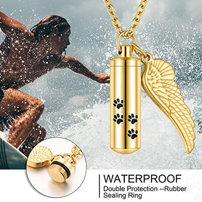 abooxiu Cylinder Cremation Necklace for Pet Ashes Urn Necklace with Angel Wing Pet Paw Ashes Necklace for Dog/Cat Memorial Keepsake Jewelry - color: Gold