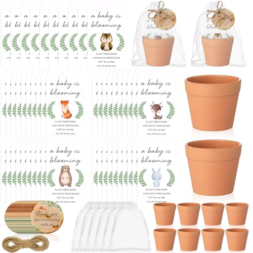 Ctosree 50 Sets Woodland Baby Shower Favors for Guests Baby Is Blooming Themed Seed Packets Include Self Adhesive Seed Packets Flowerpot Thank You Tags Organza Bags for Woodland Animal Party Favors - color: Woodland