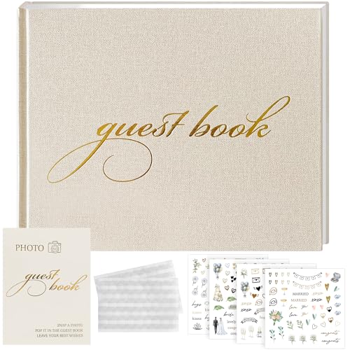 Wedding Guest Book Set with 200 Stickers, Photo Corners & Table Sign | Linen Hardcover, 100 Pages (50 Lined for Messages, 50 Blank for Photos), Gold Foil Details, 140 gsm Paper