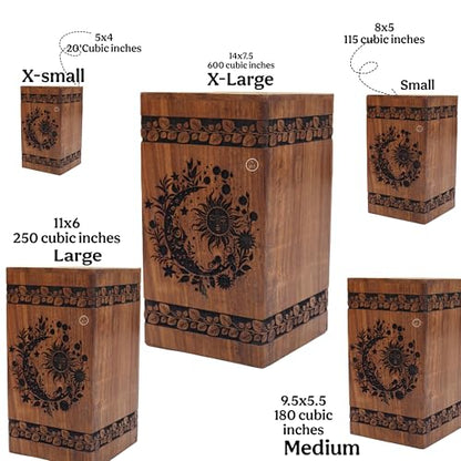 Sun & Moon Urns, Night Galaxy Unique Wooden Urn, Humans & Burial Urns for Ashes - Adult or Pet Dog Cat Ashes Cremains Memorial Funeral Urns for Adult Male Female ((Small(8X5INCH) 115CB)) - size: (Small(8X5INCH) 115CB)