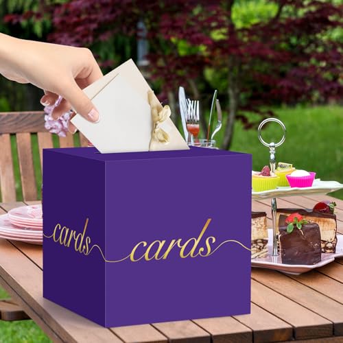 Purple Card Box Gold Foil Wedding Favors Gift Card Boxes Post Box Receiving Money Box Holder for Wedding Reception, Baby Showers, Anniversary, Birthday Party, Retirement, Graduation Envelope Holder - color: Purple and Gold