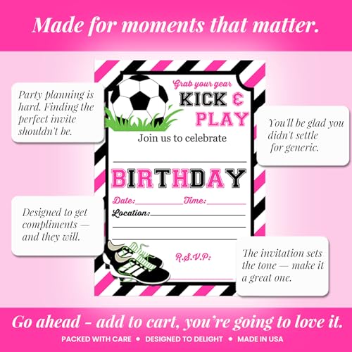 Pink & Black Kick and Play Soccer Themed Birthday Party Invitations for Girls, 20 5x7 Fill In Cards with Twenty White Envelopes by AmandaCreation - style: Pink & Black Kick and Play Soccer