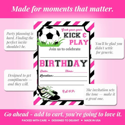 Pink & Black Kick and Play Soccer Themed Birthday Party Invitations for Girls, 20 5x7 Fill In Cards with Twenty White Envelopes by AmandaCreation - style: Pink & Black Kick and Play Soccer