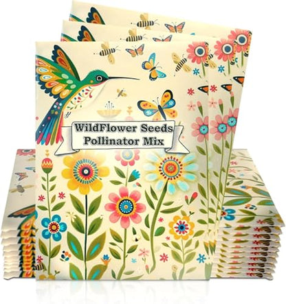 25 Wildflower Seed Packets - Pollinator Seed Mix for Guests - Thank You Gifts Party Favors - Gifts Wild Flower Throw and Grow Perennial Annual Mix to Attract Pollinators Bees - Hummingbirds Non-GMO - size: Pack of 25