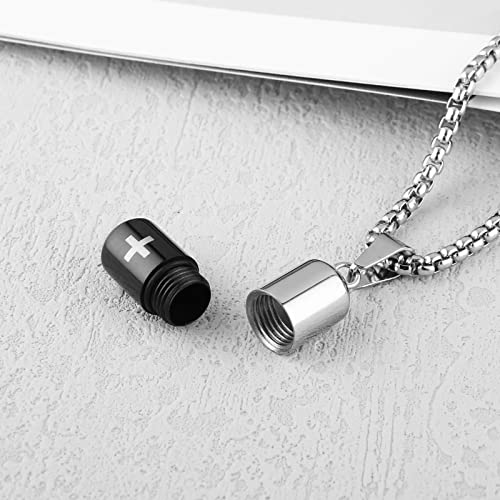 STWTR Stainless Steel Cylindrical Souvenir Capsule Pill Pendant Necklace, Cremated Ashes Pill Container Necklace - color: Black-B