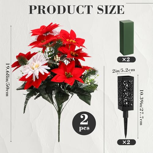 Suncalla 2 Set 26 inch Christmas Cemetery Flowers for Grave 18 Stems Artificial Red Faux Velvet Poinsettias Bouquets for Christmas Home Decorations, Holiday Bush, Indoor Floral, Cemetery Flowers - style: Poinsettia